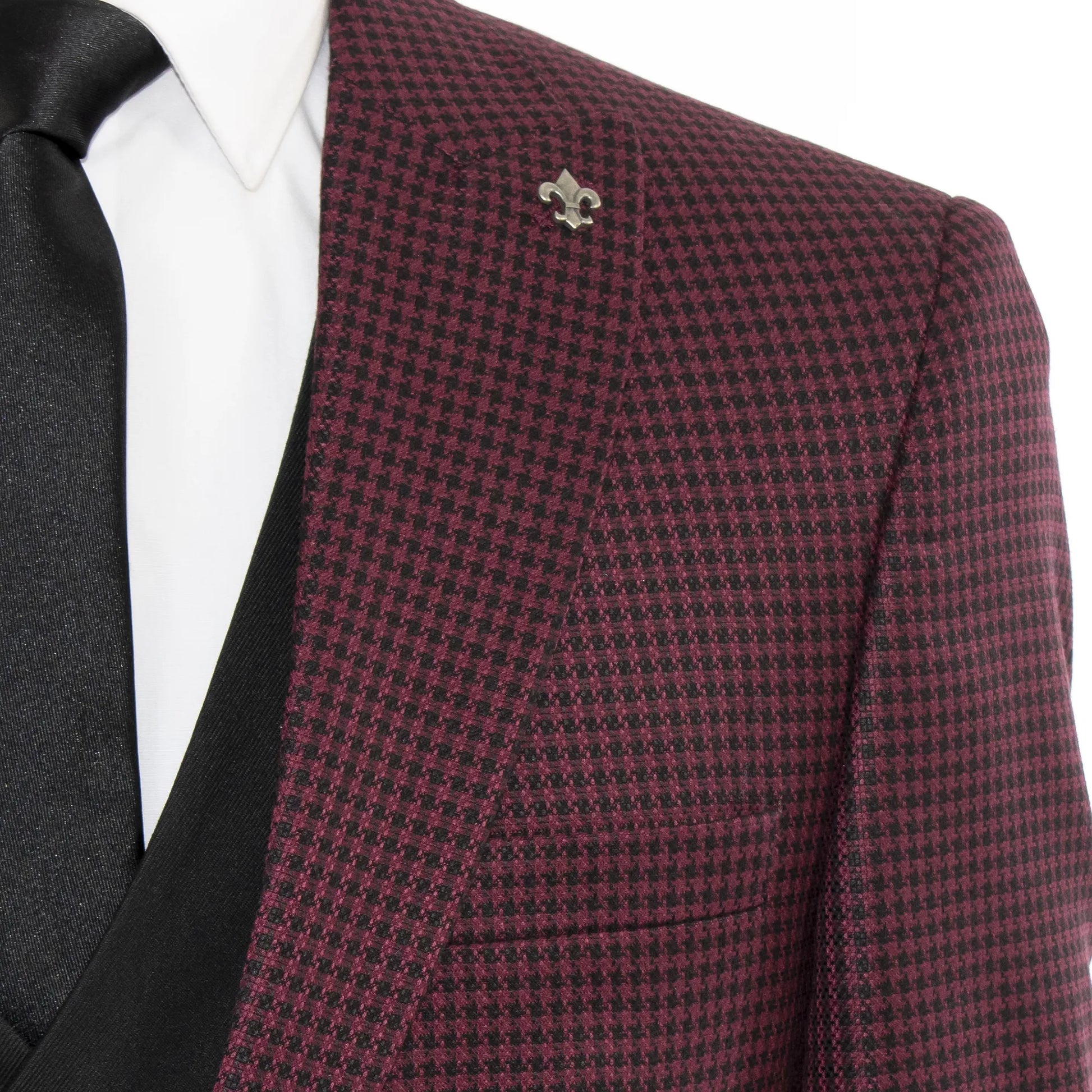 Berry And Black Houndstooth Slim-Fit 3-Piece Suit Peak Lapels