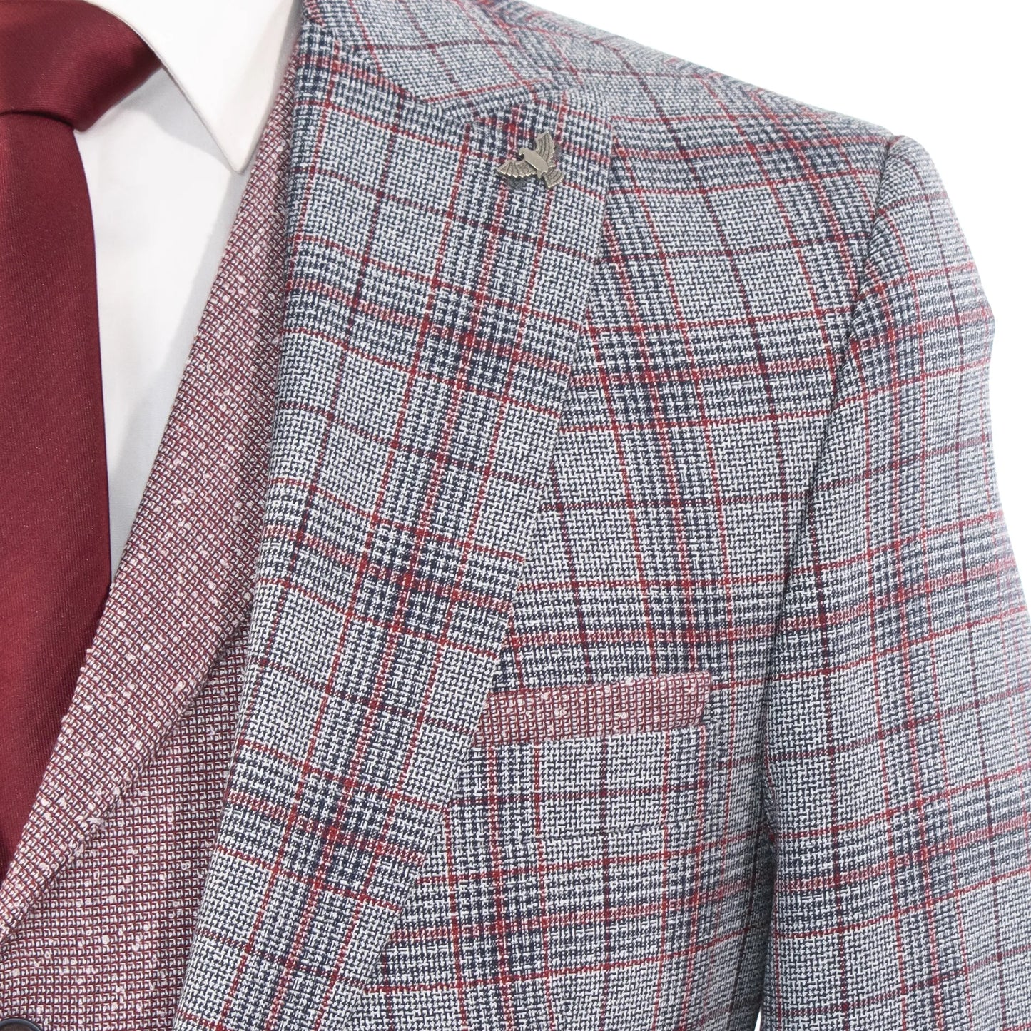 Gray And Red Plaid Slim-Fit 3-Piece Suit