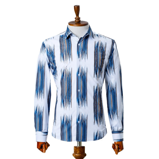 White and Blue Brushed Rhinestone Slim-Fit Fashion Shirt