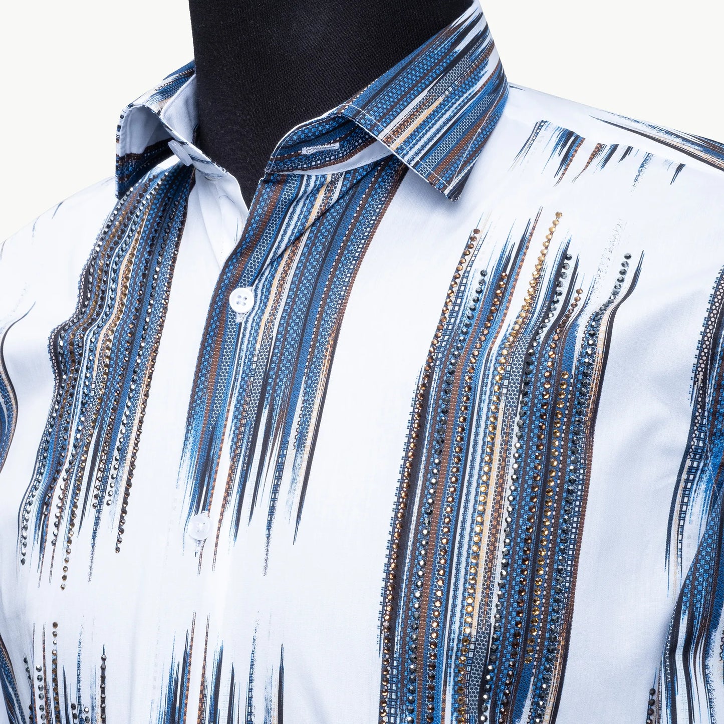 White and Blue Brushed Rhinestone Slim-Fit Fashion Shirt