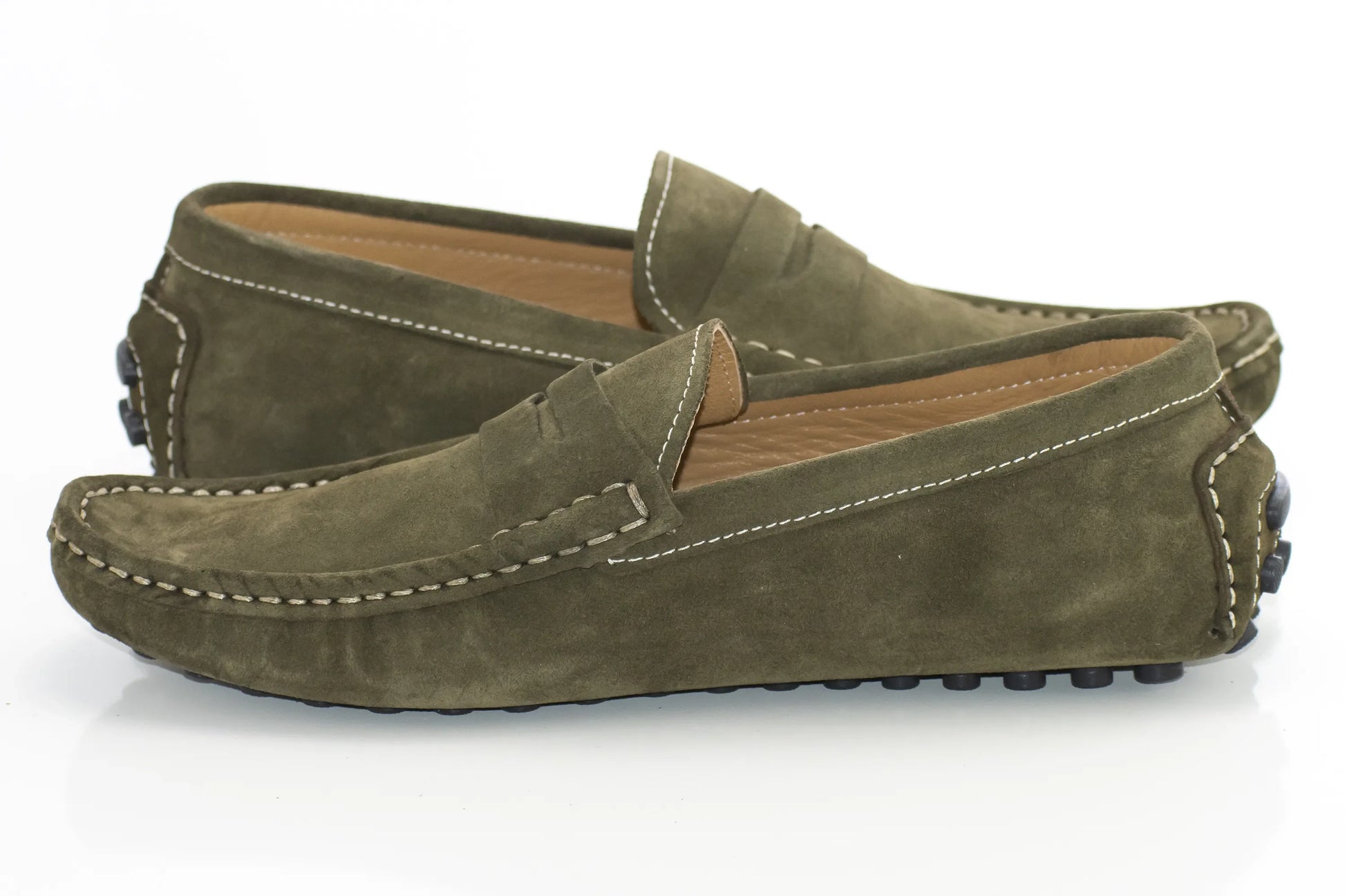 Olive Suede Penny Loafer - Quarter, Heel