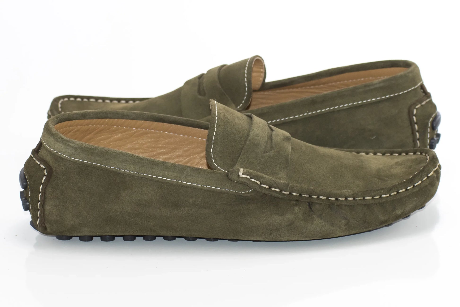 Olive Suede Penny Loafer - Quarter, Heel