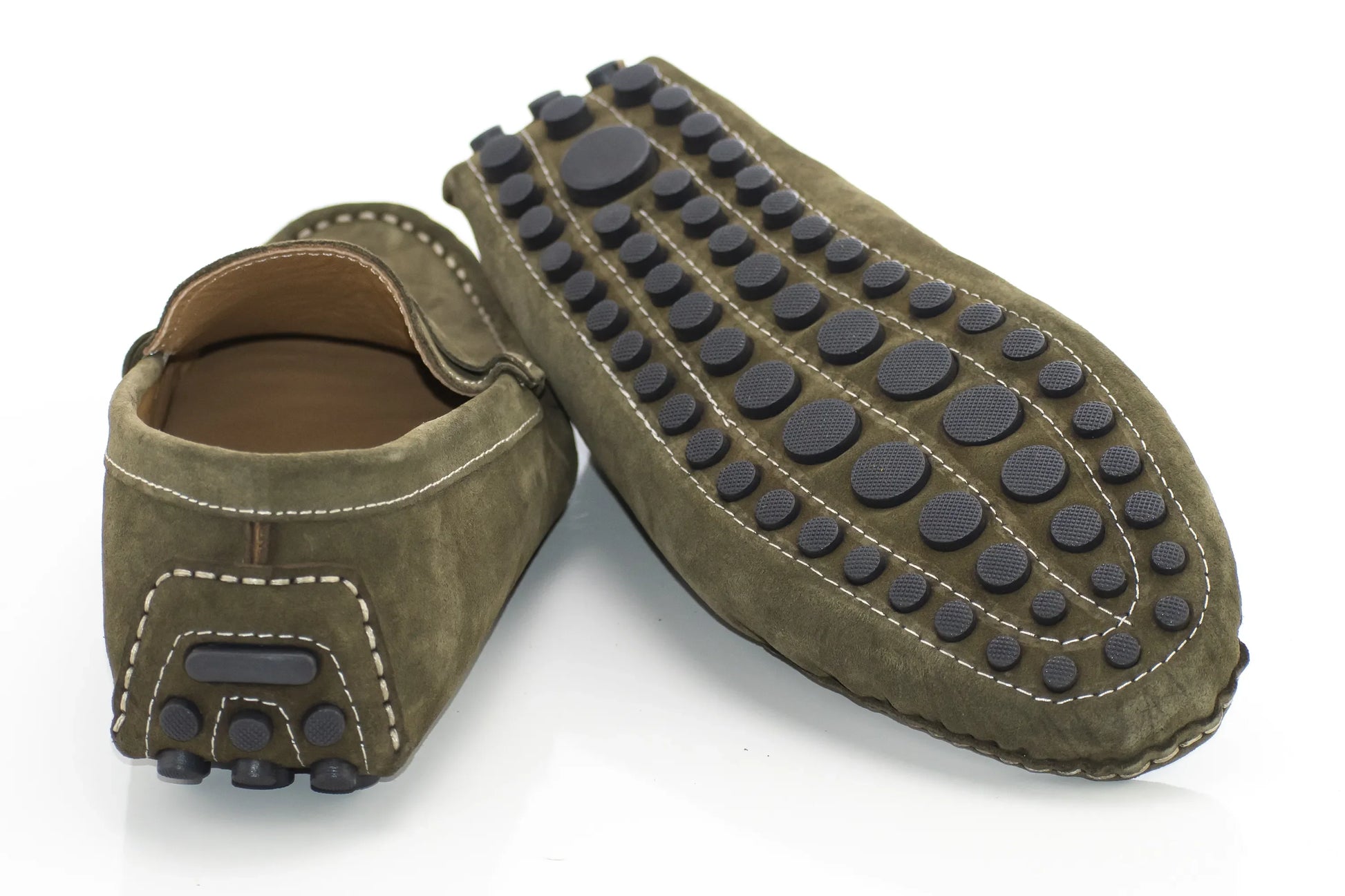 Olive Suede Penny Loafer - Back, Segmented Sole