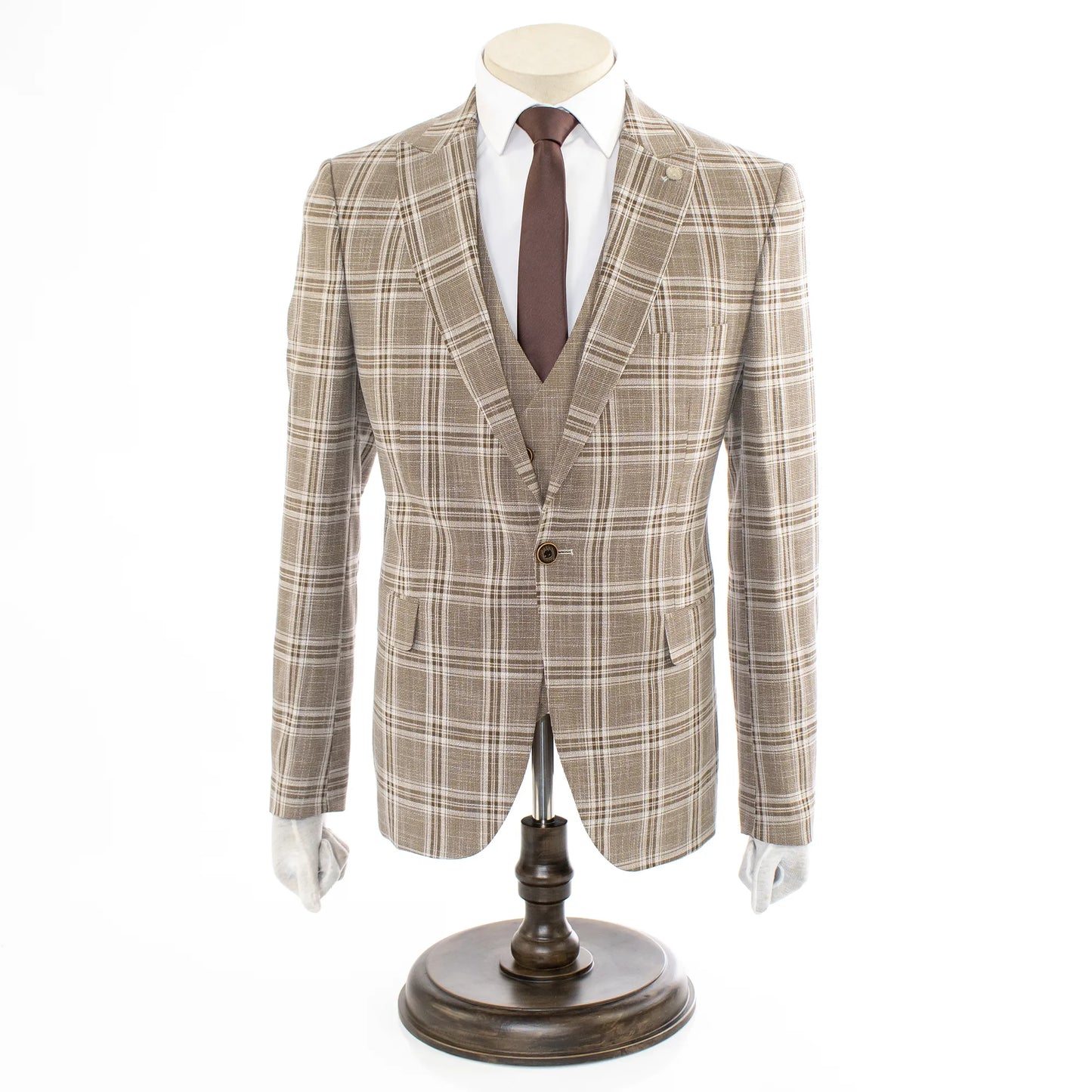 Dark Khaki Plaid Slim-Fit 3-Piece Suit