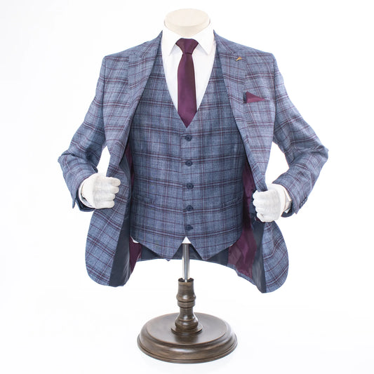 Navy And Plum Plaid Slim-Fit 3-Piece Suit