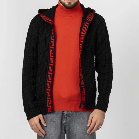 Black&Red Cable Knit Grecian Tailored-Fit Hooded Cardigan