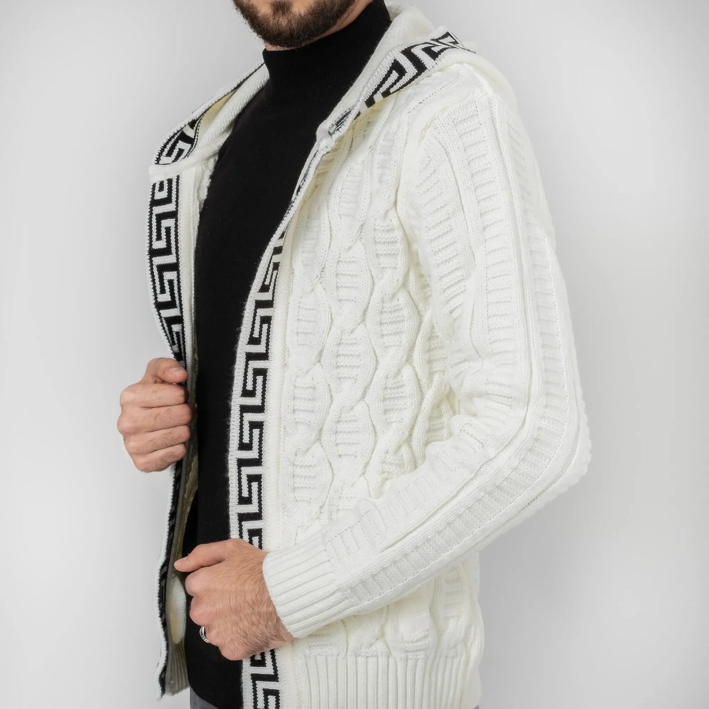 White&Black Cable Knit Grecian Tailored-Fit Hooded Cardigan