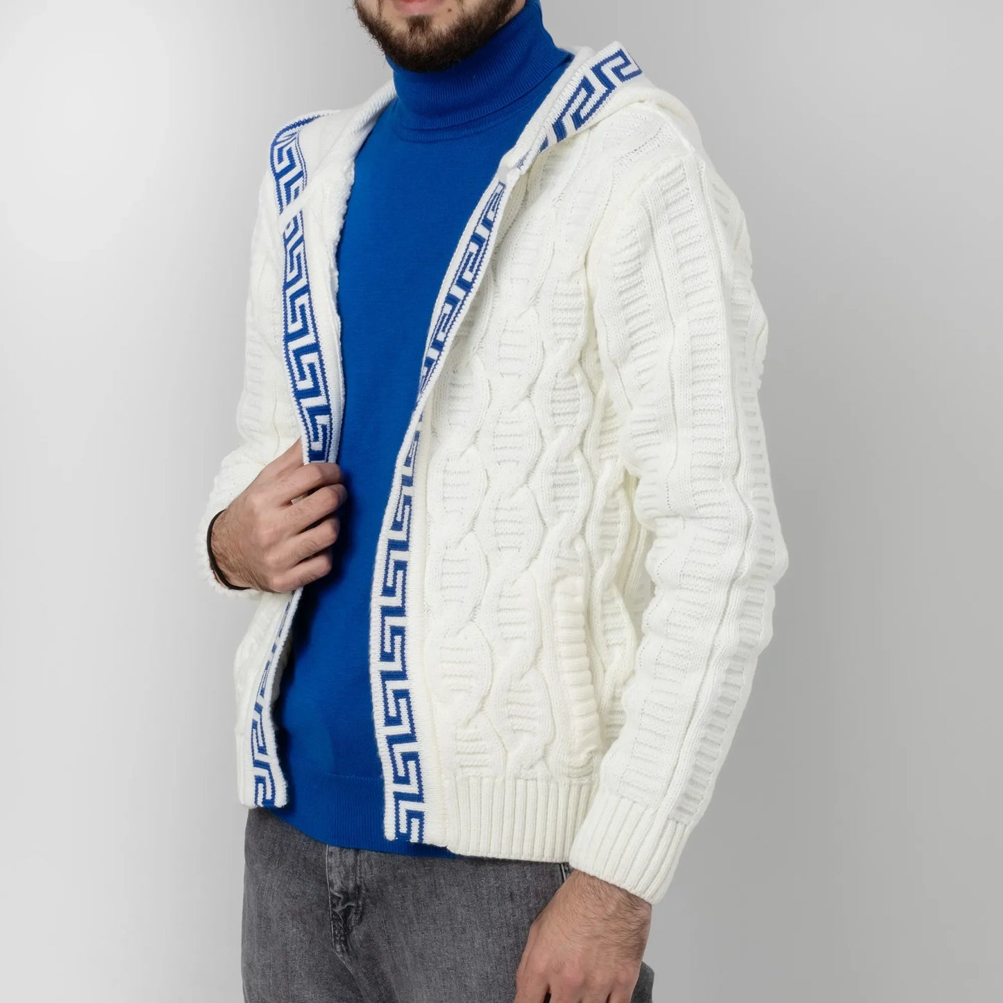 White&Royal Blue Cable Knit Grecian Tailored-Fit Hooded Cardigan