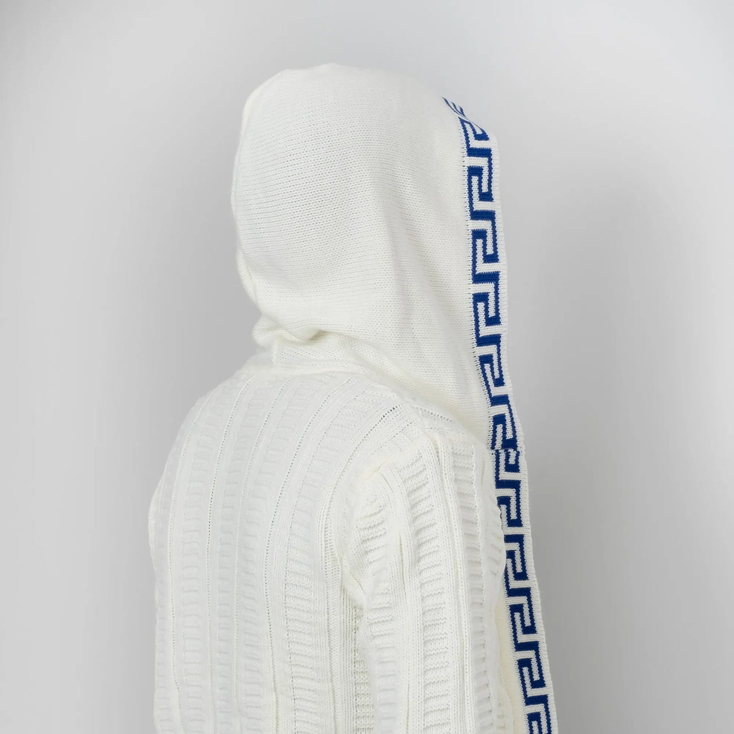 White&Royal Blue Cable Knit Grecian Tailored-Fit Hooded Cardigan