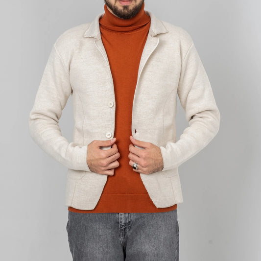 Beige Button-Up High Collar Tailored-Fit  Cardigan