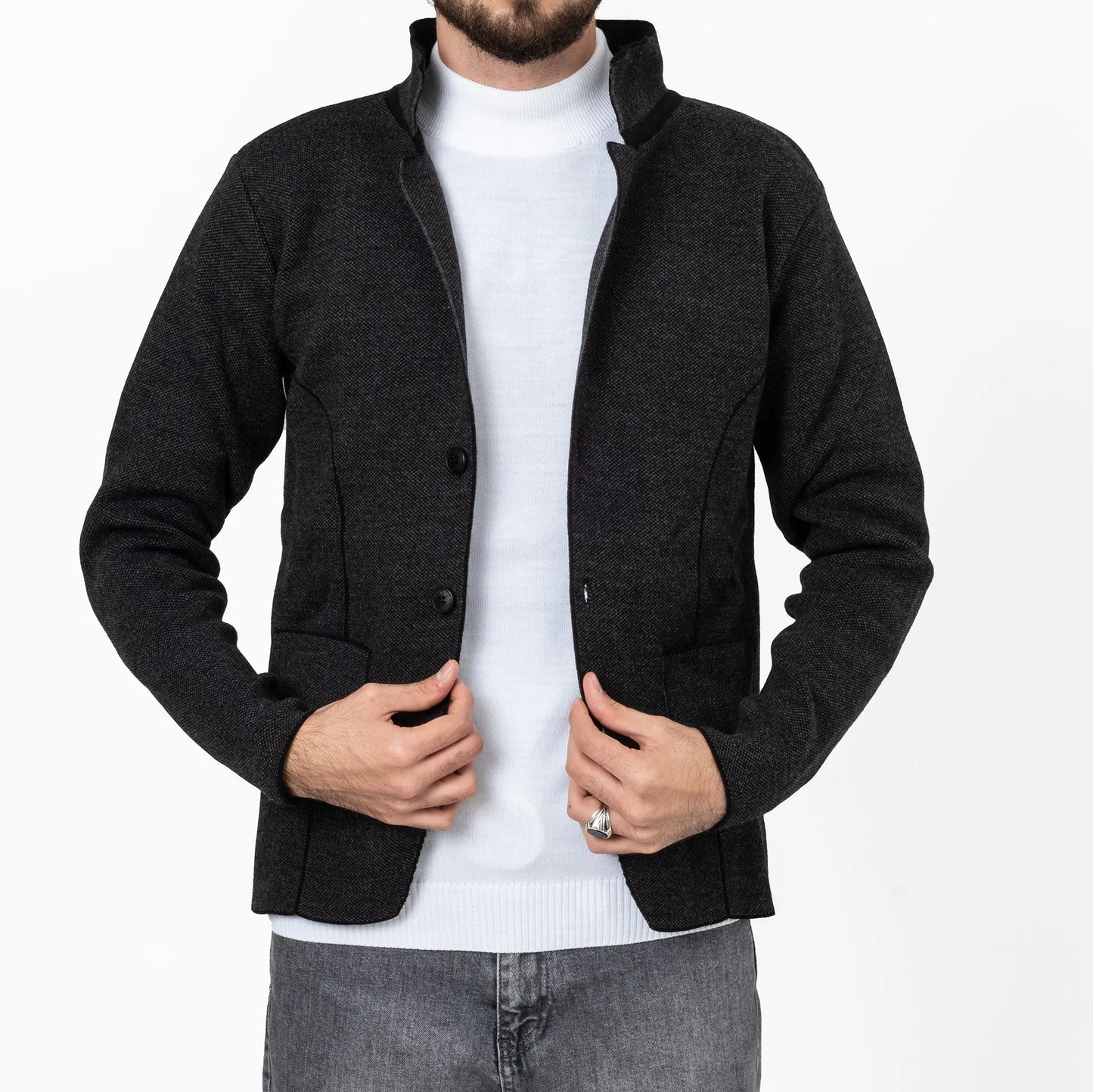 Charcoal Gray Button-Up High Collar Tailored-Fit  Cardigan