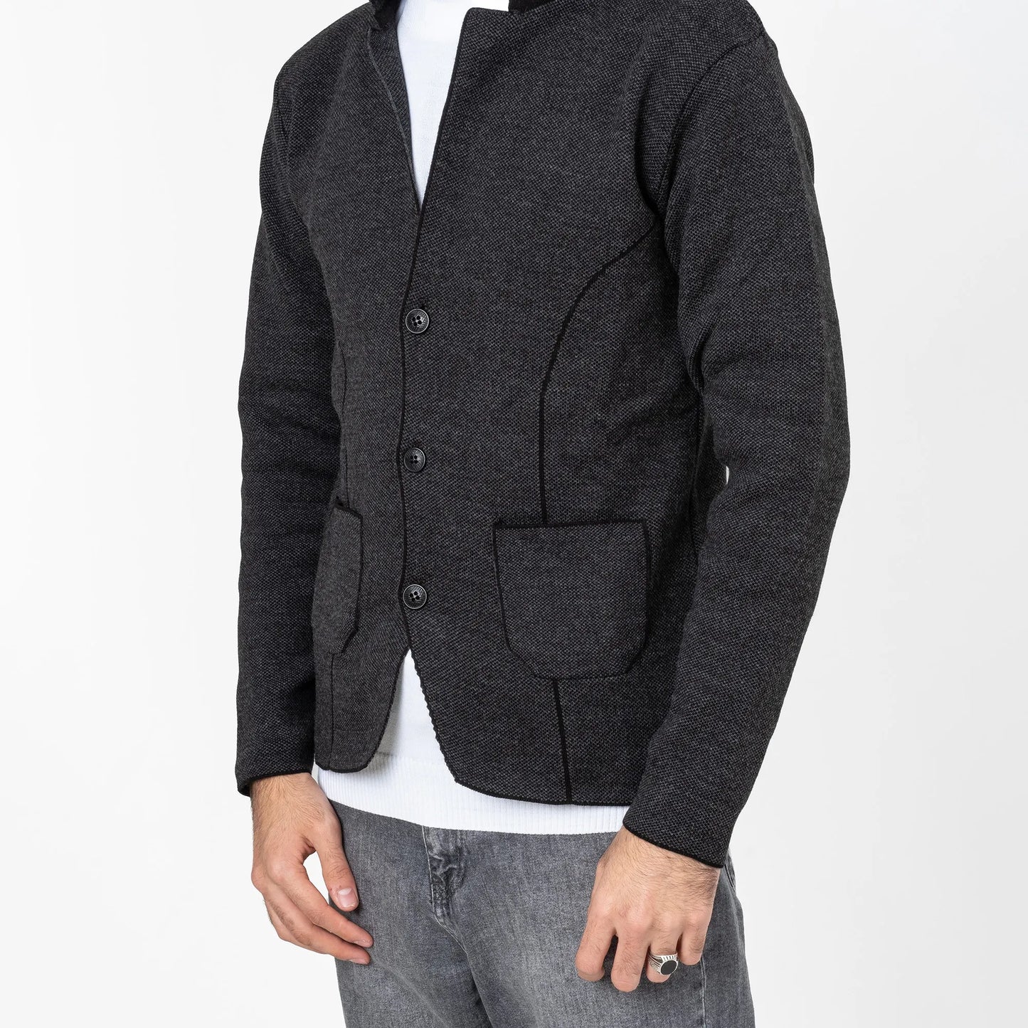 Charcoal Gray Button-Up High Collar Tailored-Fit  Cardigan