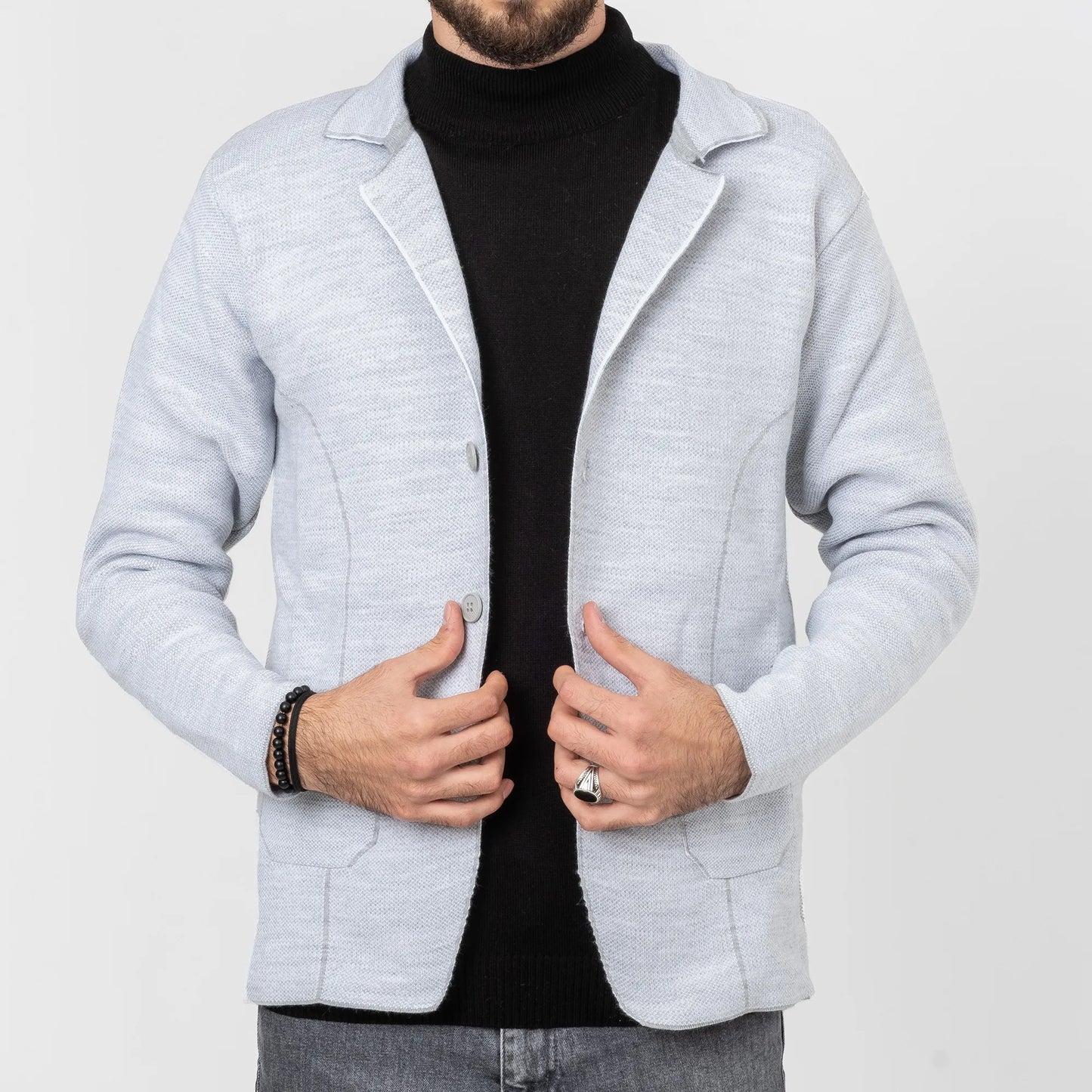 Ash Gray Button-Up High Collar Tailored-Fit  Cardigan