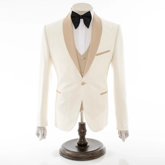 Beige And Off-White Filigree 3-Piece Slim-Fit Tuxedo