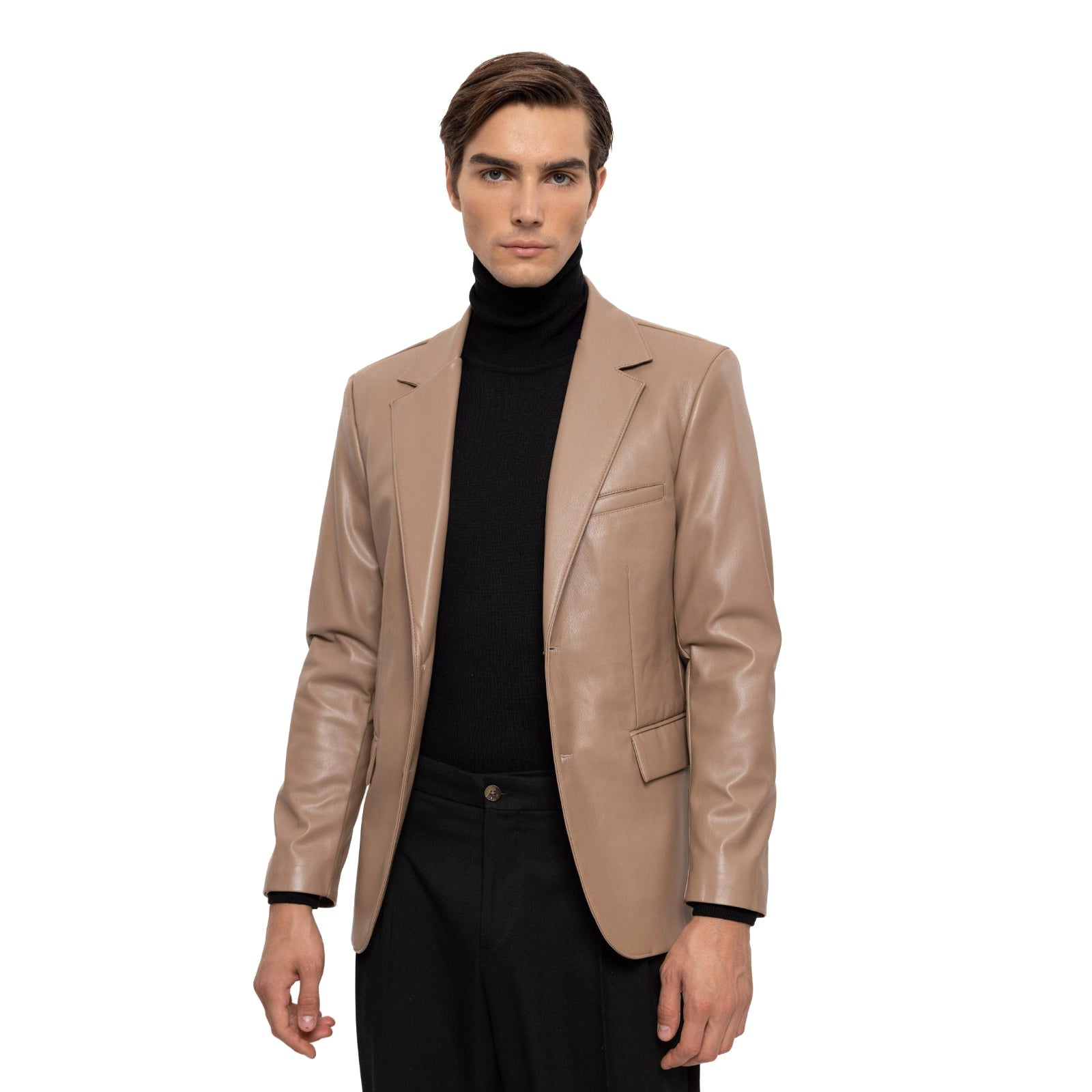 Men's Brown Slim-Fit Leather Blazer Vegan Leather