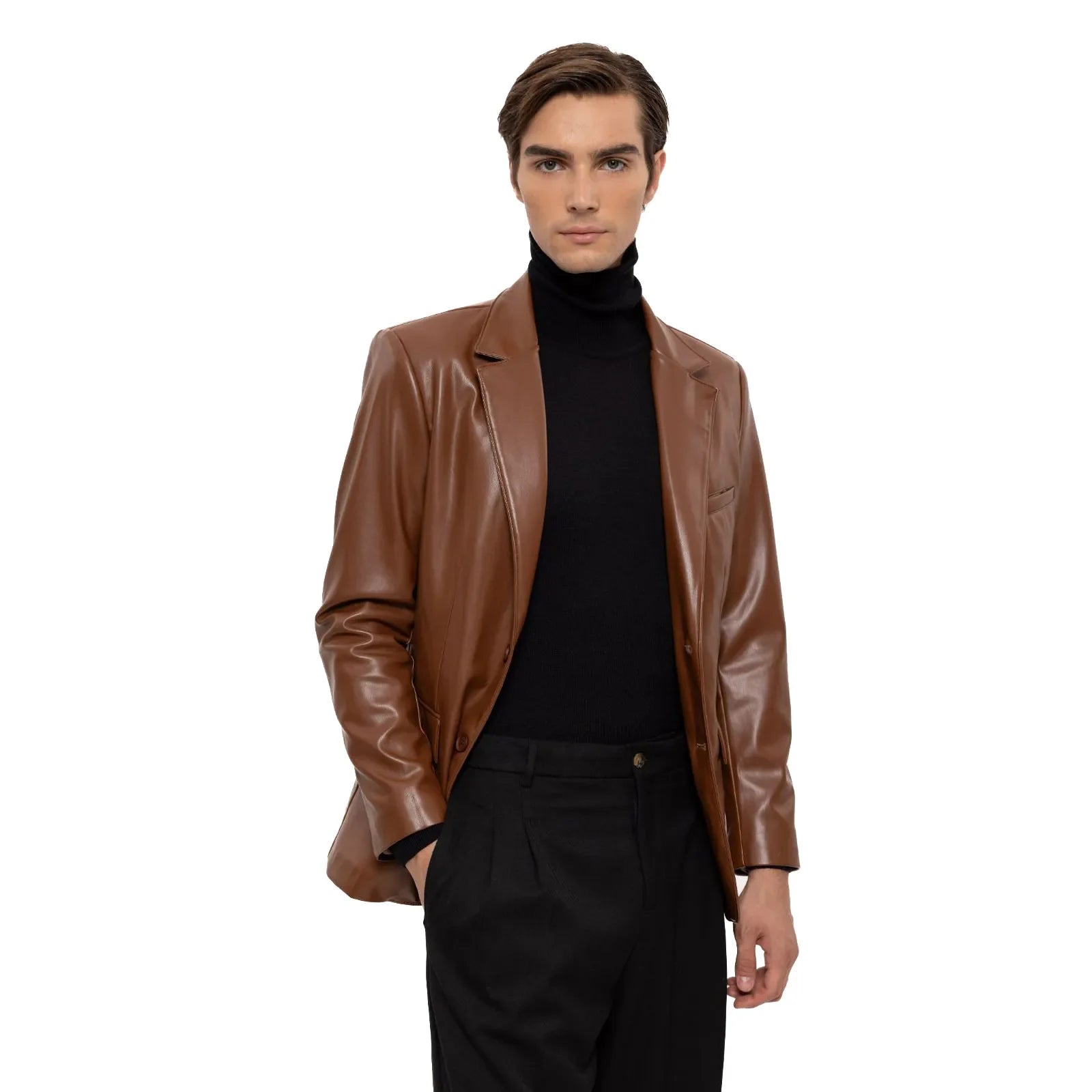 Men's Brown Slim-Fit Leather Blazer Vegan Leather