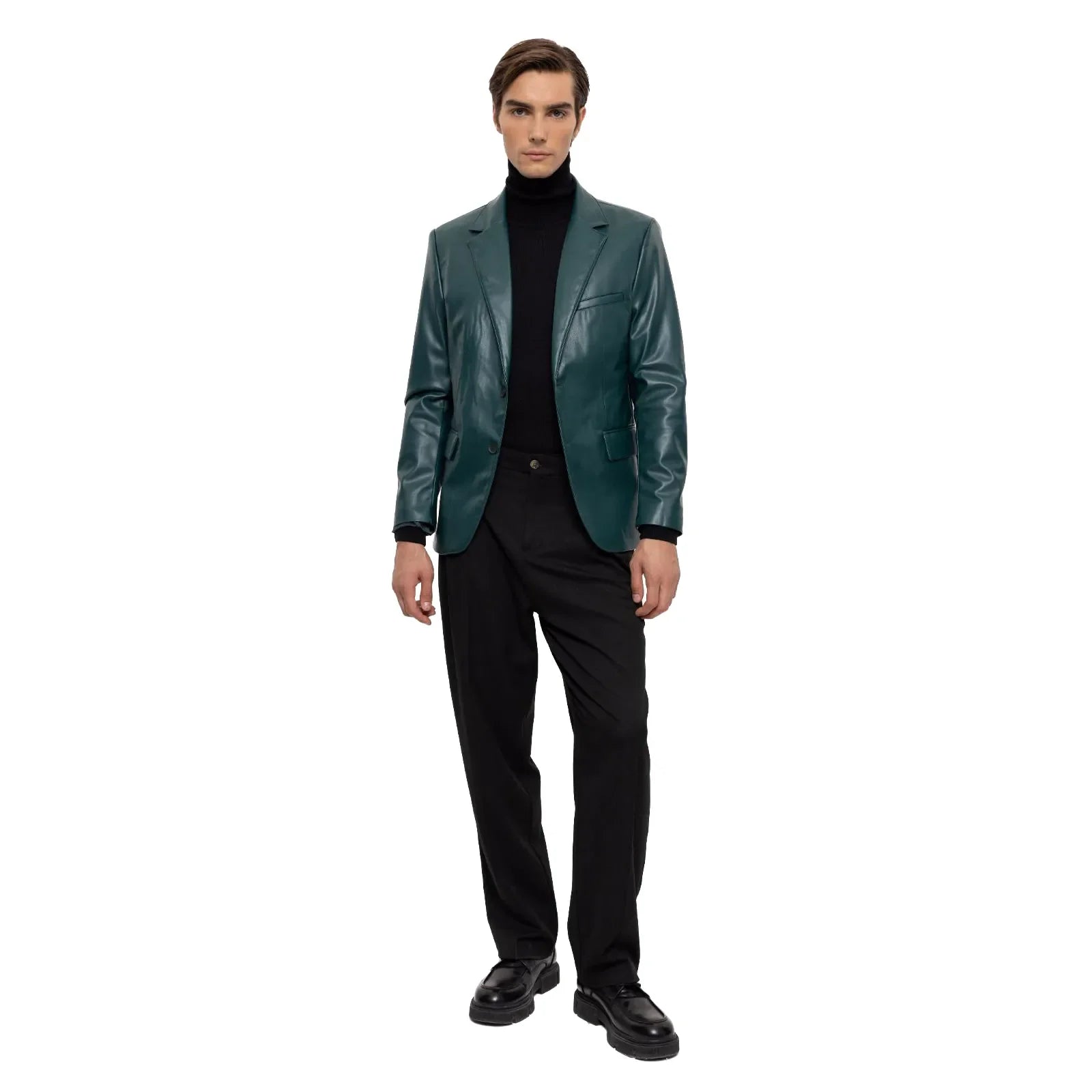 Men's Hunter Green Slim-Fit Leather Blazer Vegan Leather