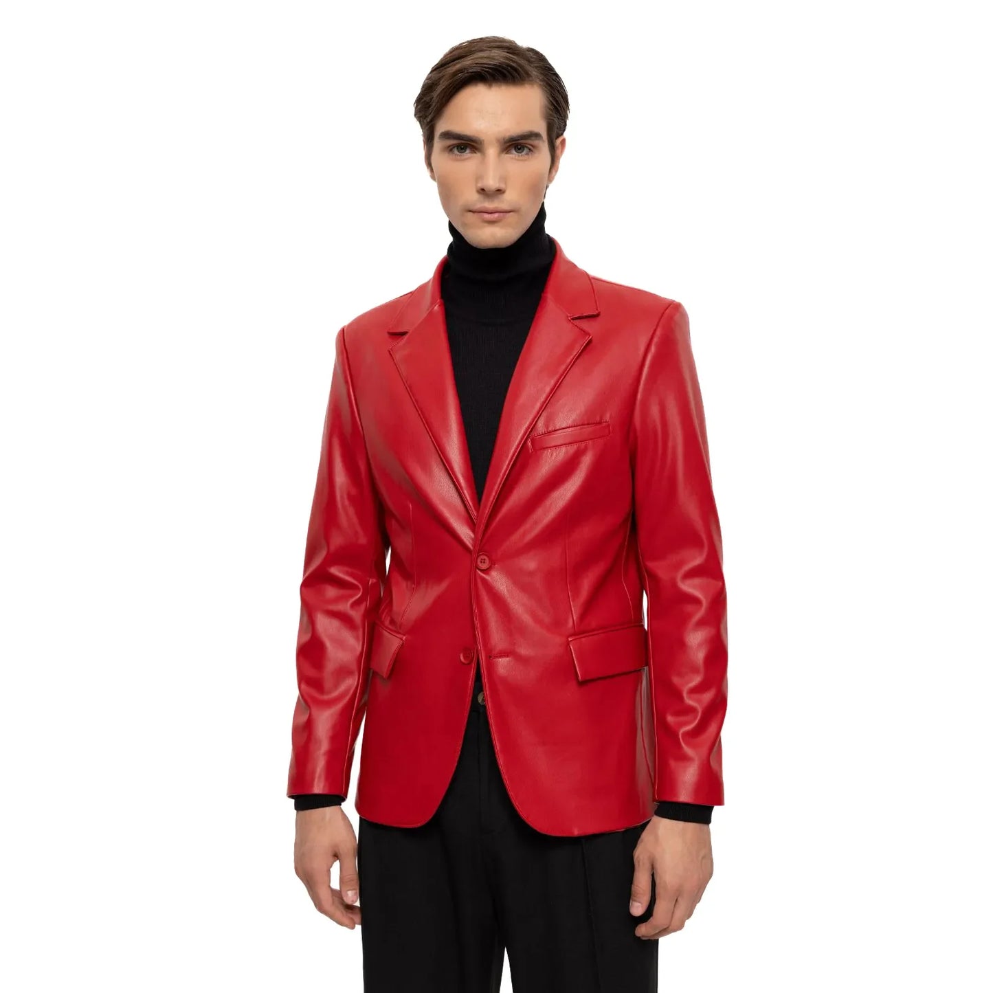 Men's Red Slim-Fit Leather Blazer Vegan Leather