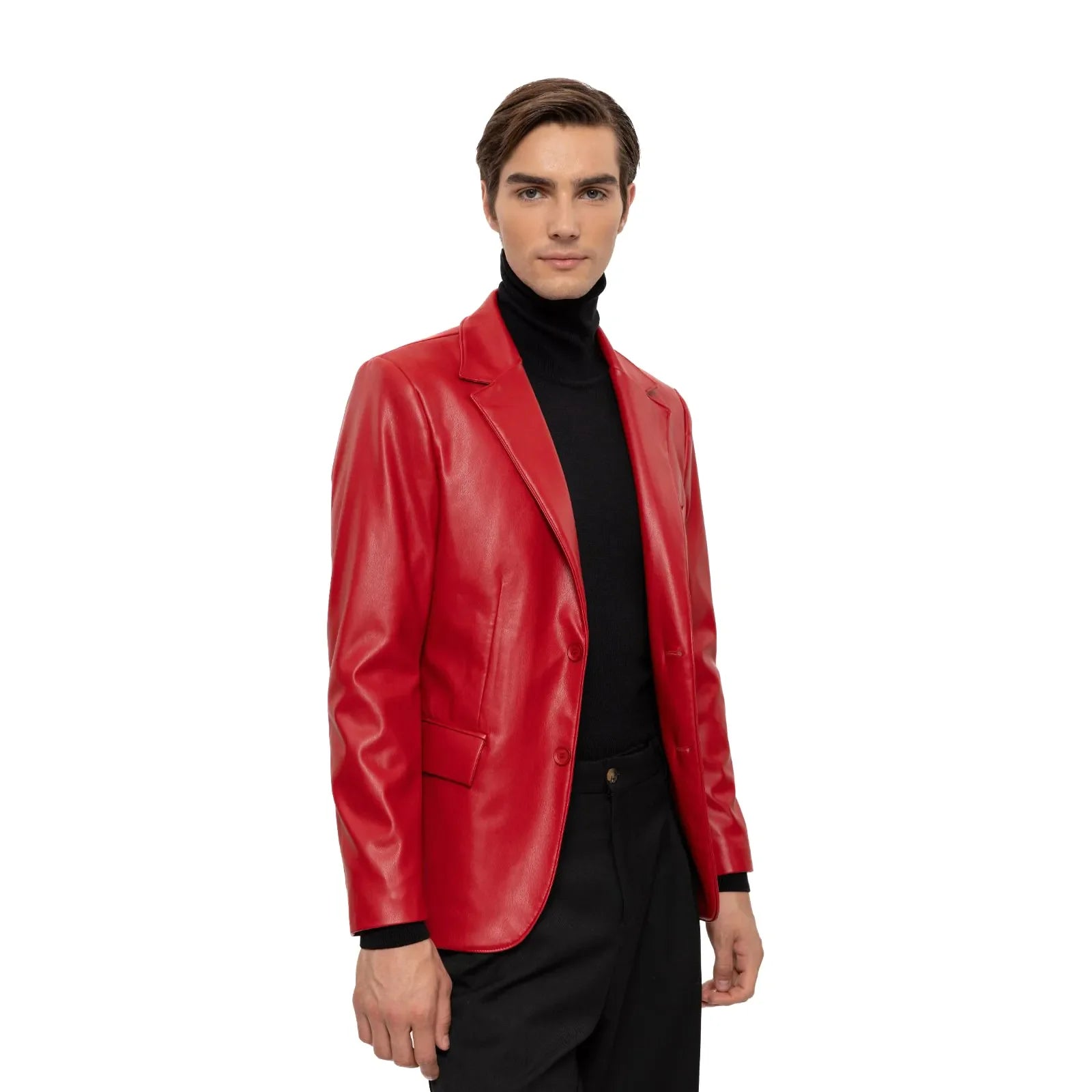 Men's Red Slim-Fit Leather Blazer Vegan Leather