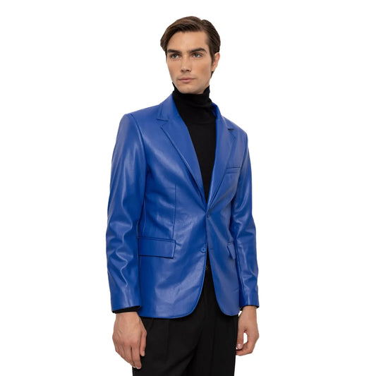 Men's Royal Blue Slim-Fit Leather Blazer Vegan Leather