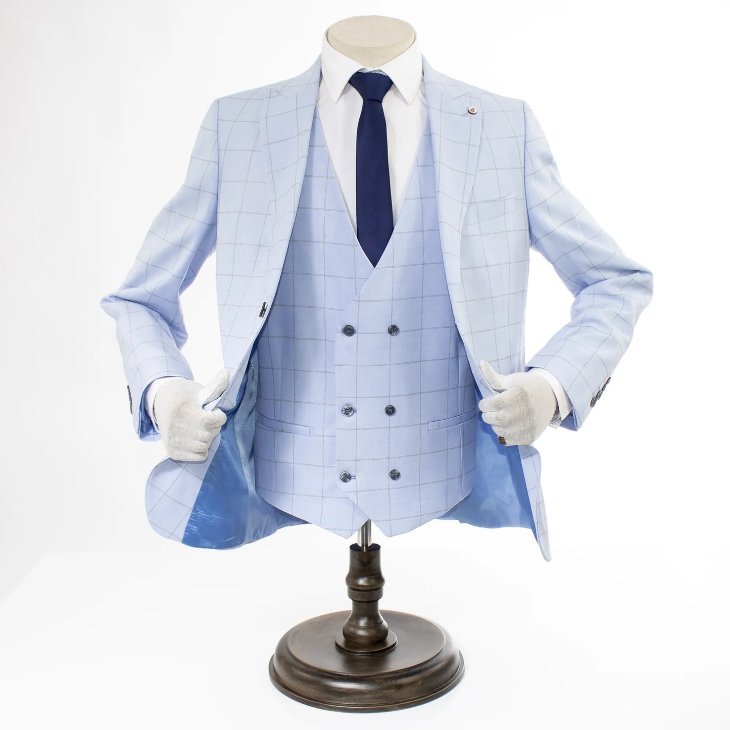 Men's Light Blue Checked 3-Piece Tailored-Fit Suit - Double Breasted Vest