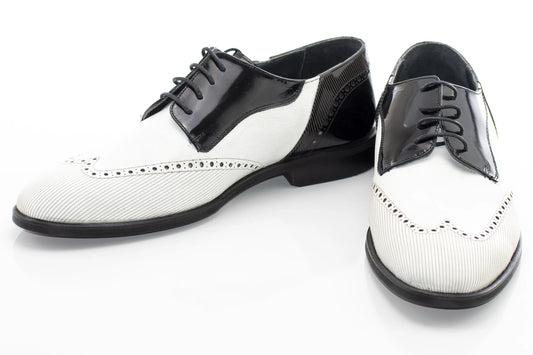 White Brogue Leather with Black Patent Leather Derby Lace-Ups