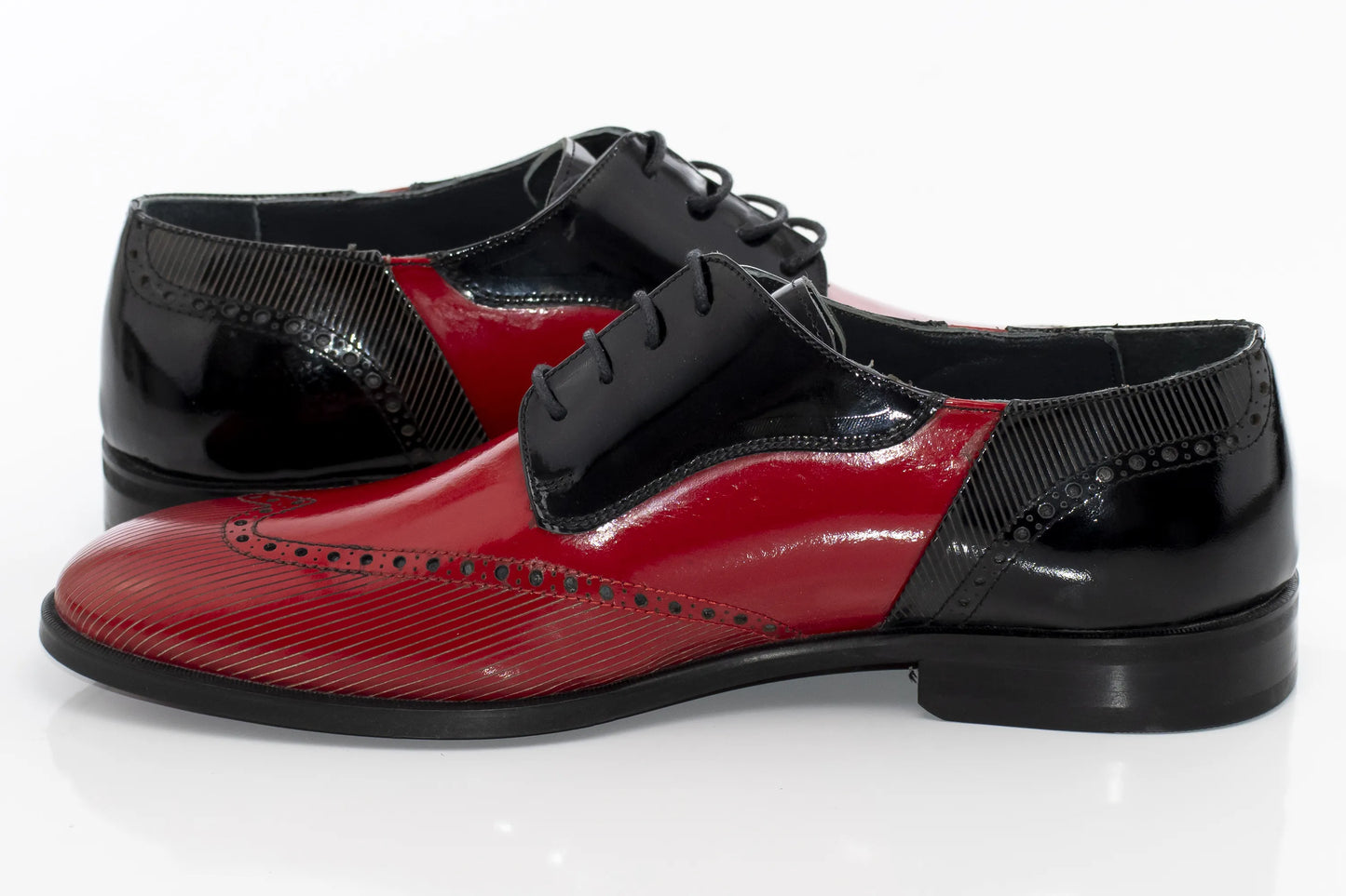 Red Brogue Leather With Black Patent Leather Derby Lace-Ups