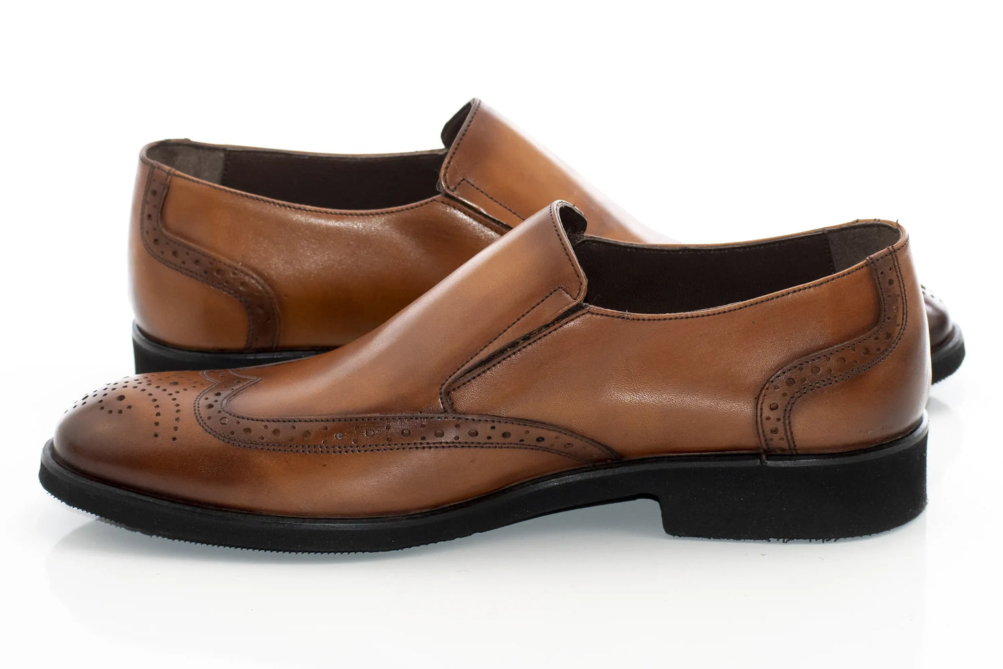 Camel Brogue Slip-On Dress Loafer