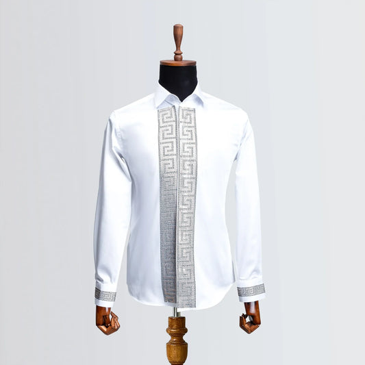 White Gold Grecian Rhinestone Slim-Fit Fashion Shirt