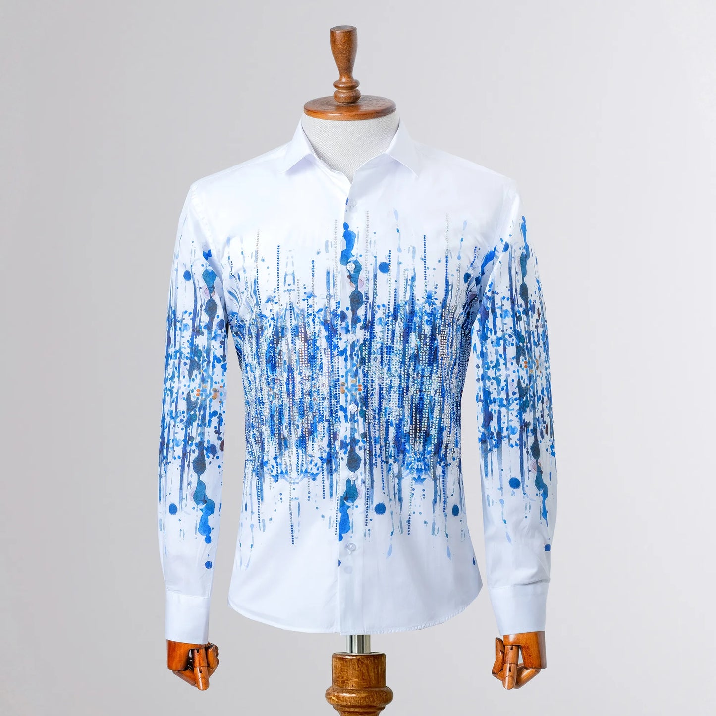 White Rhinestone Splash Slim-Fit Fashion Shirt