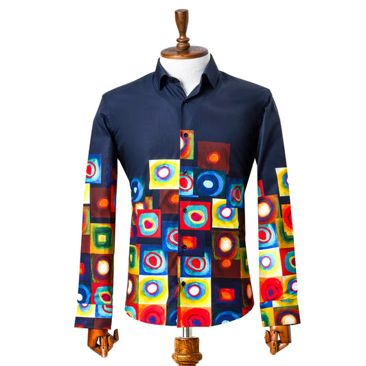 Navy Blue Post-Modern Multicolored Slim-Fit Fashion Shirt