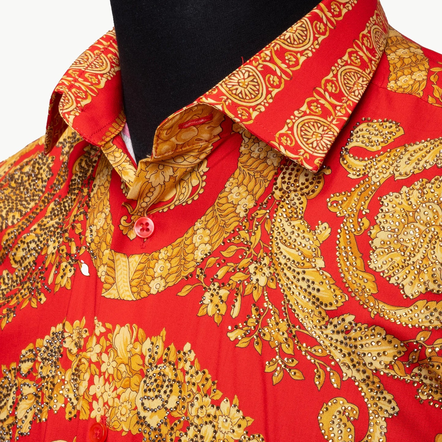 Red and Gold Mandala Satin Slim-Fit Fashion Shirt