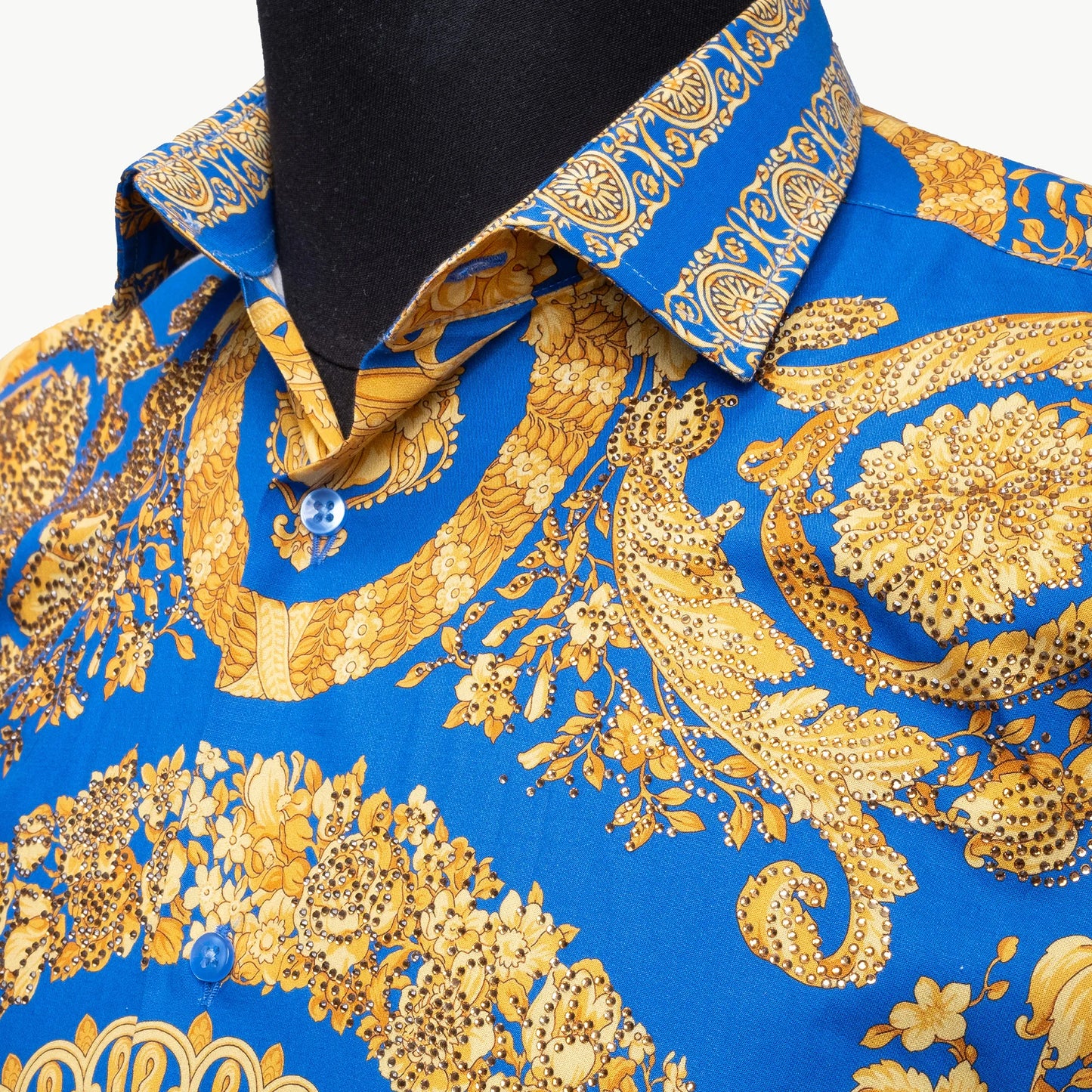 Royal Blue and Gold Mandala Satin Slim-Fit Fashion Shirt