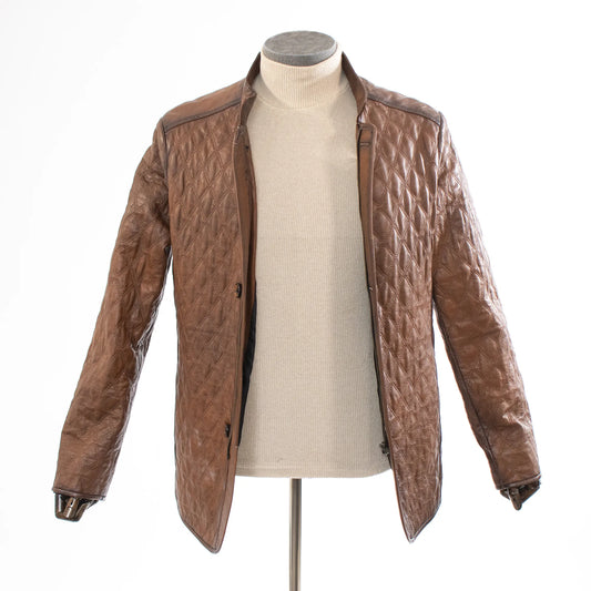 Brown Diamond-Stitch Buttoned Regular-Fit Leather Jacket