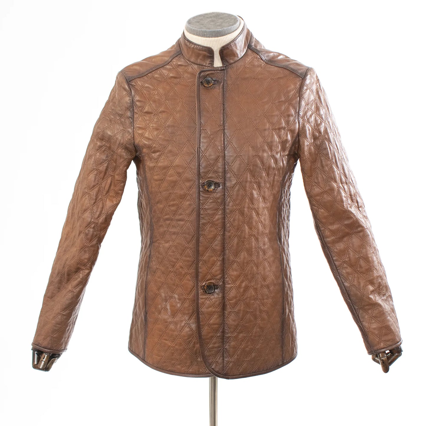 Brown Diamond-Stitch Buttoned Regular-Fit Leather Jacket