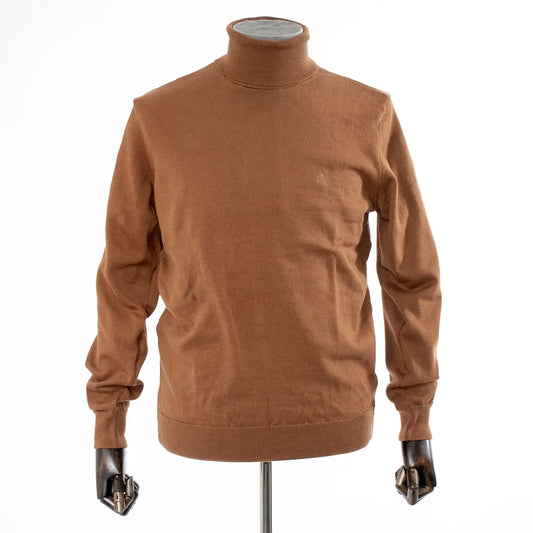 Men's Brown Long Sleeved Turtleneck Sweater - Ribbed Cuffs and Neck