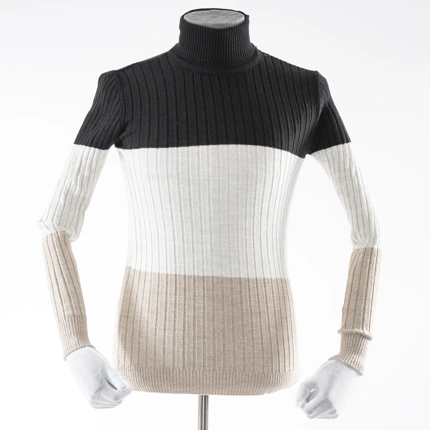 Black, Tan, and Light Gray Tri-Color Turtleneck