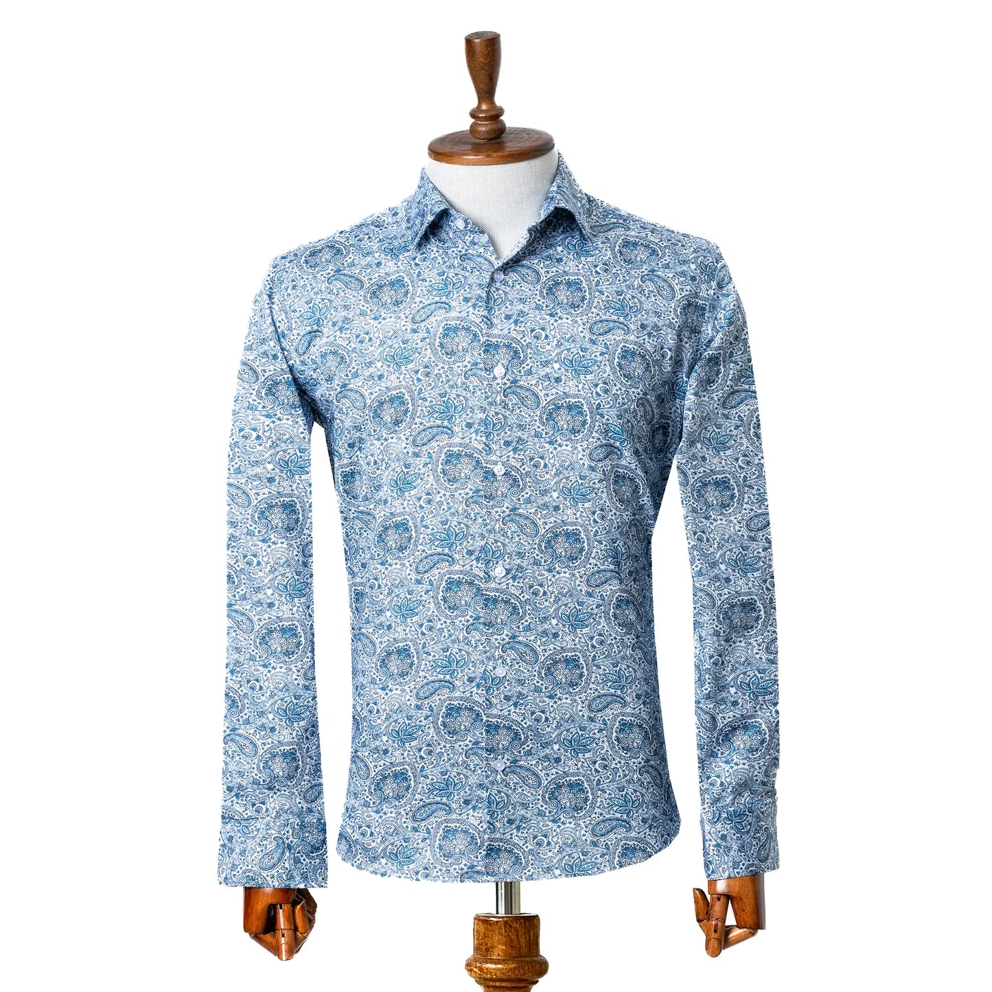 Blue and White Paisley Satin Slim-Fit Fashion Shirt