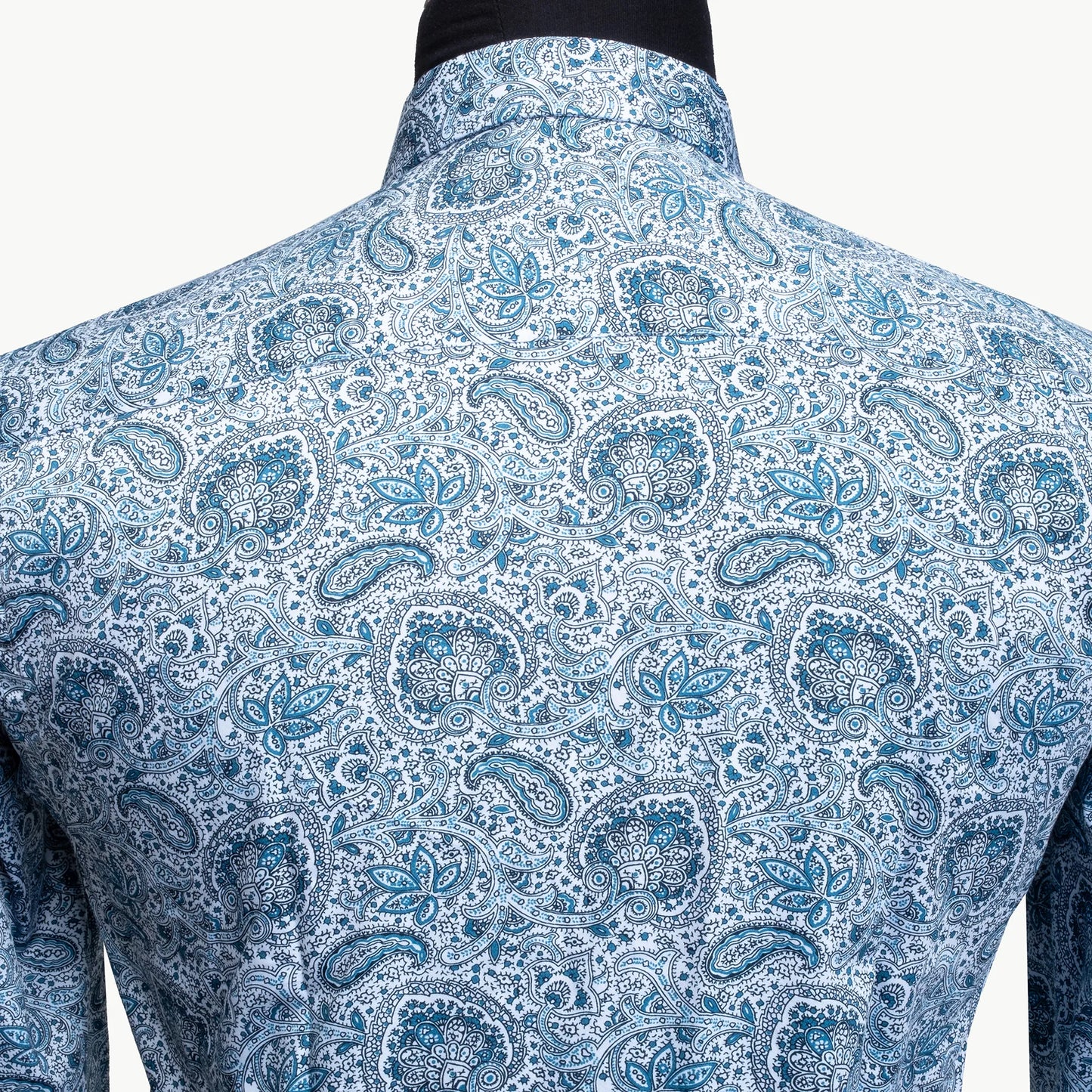 Blue and White Paisley Satin Slim-Fit Fashion Shirt