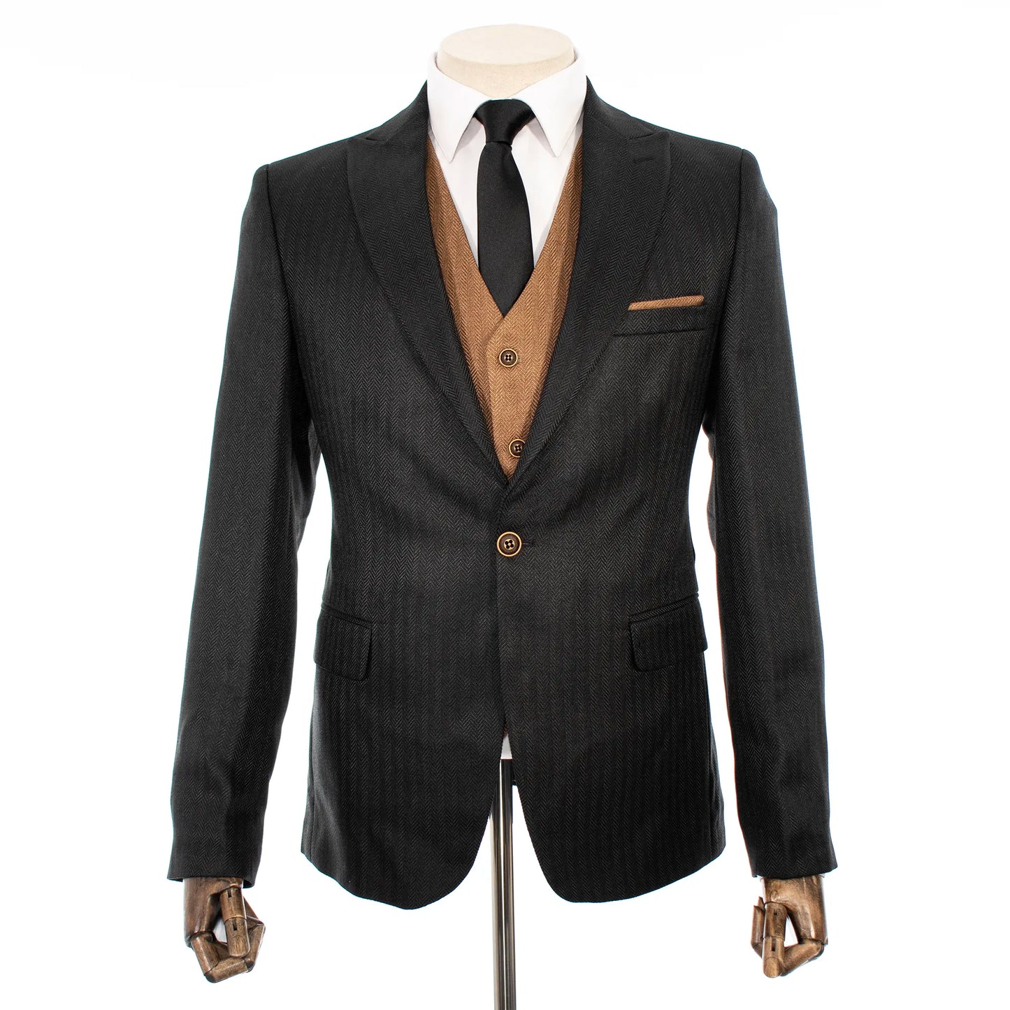 Pierce | Black and Tan Herringbone 3-Piece Slim-Fit Suit