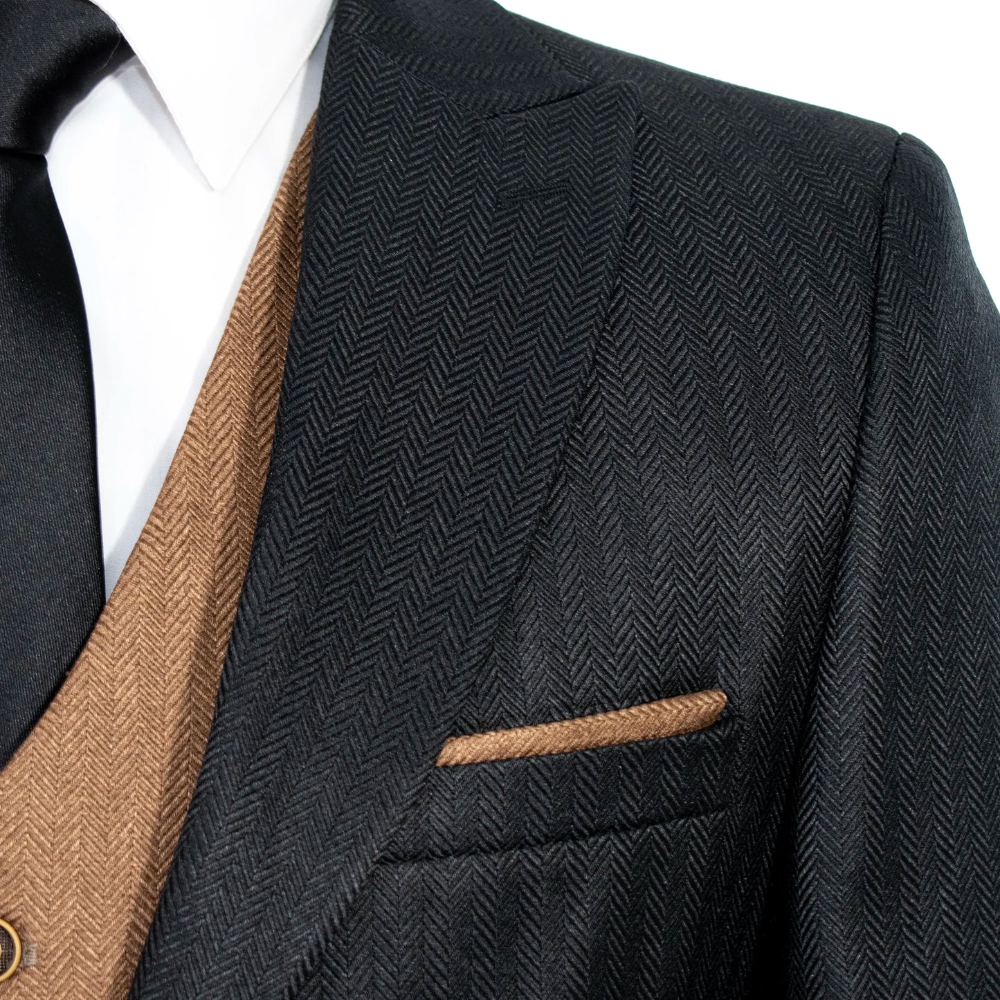 Pierce | Black and Tan Herringbone 3-Piece Slim-Fit Suit