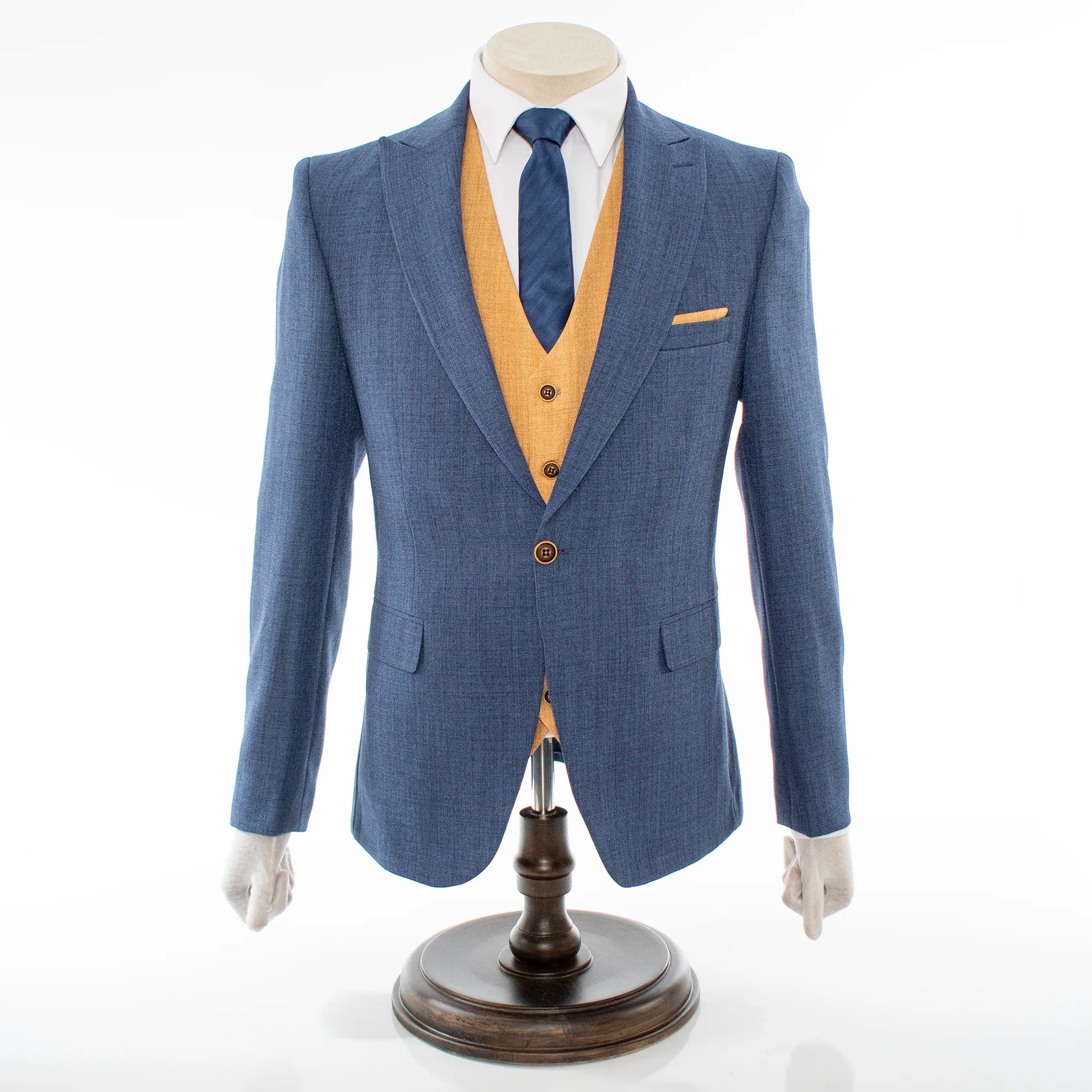 Men's Blue And Brown 3-Piece Suit With Peak Lapels