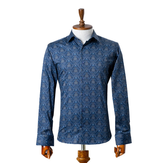 Blue and Gold Paisley Satin Slim-Fit Fashion Shirt