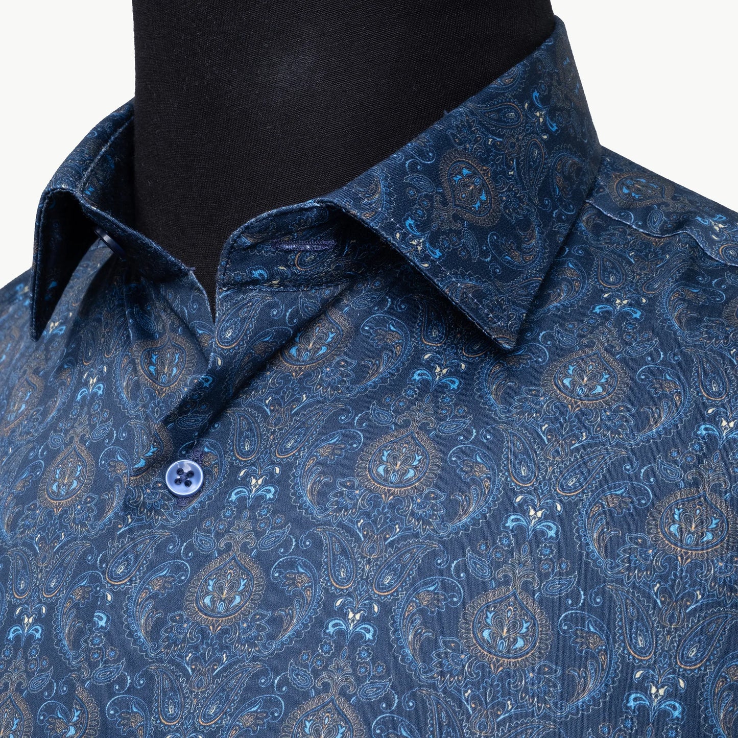 Blue and Gold Paisley Satin Slim-Fit Fashion Shirt