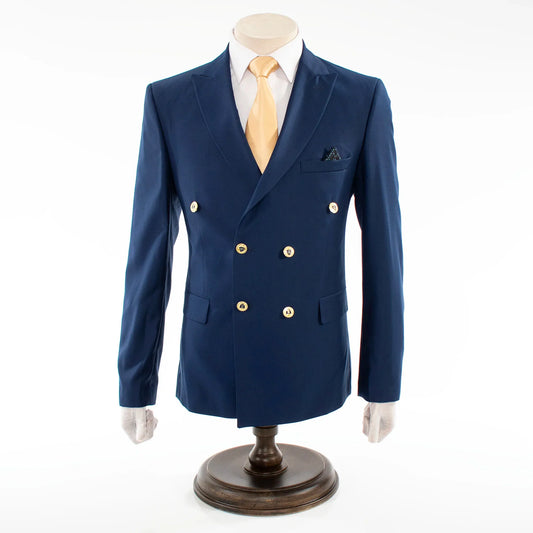 Men's Navy Blue 2-Piece Tailored-Fit Suit With Peak Lapels And Gold Buttons 