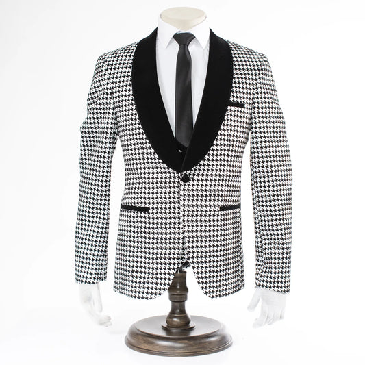 Silver Houndstooth Patterned 3-Piece Tailored-Fit Tuxedo